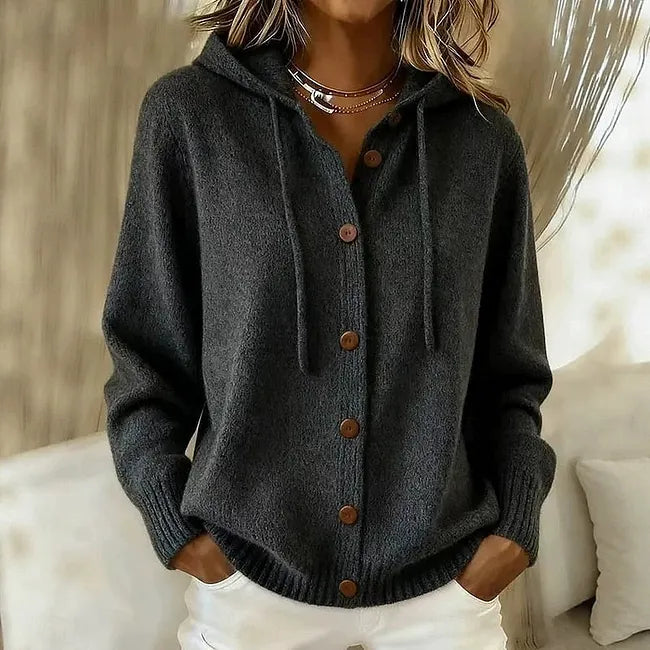 Goldie™ Hooded Button Cardigan in Black, shown on a model