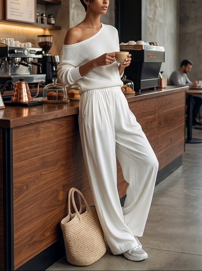 Adele™ One-Shoulder Top and Wide Leg Pants Set, closer view of the asymmetric neckline