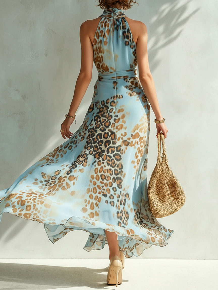Barbara leopard print halter maxi dress, skirt movement