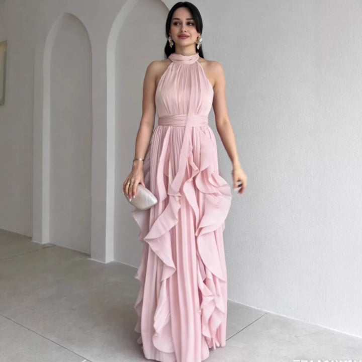 Orea™ High Neck Gathered Ruffle Layers Maxi Dress