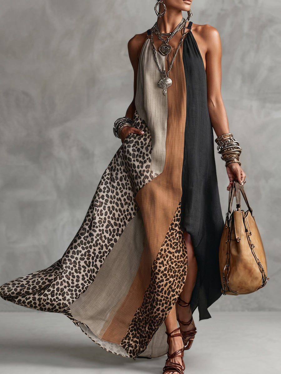 Myrna™ Leopard Halter Maxi Dress, full length front view