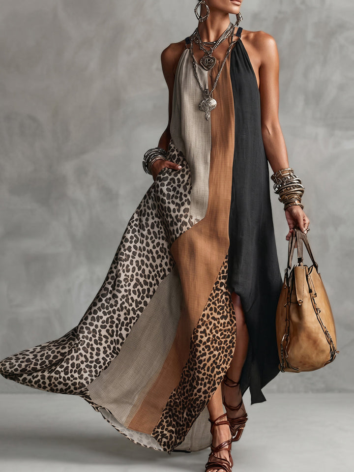 Myrna™ Leopard Halter Maxi Dress, full length front view