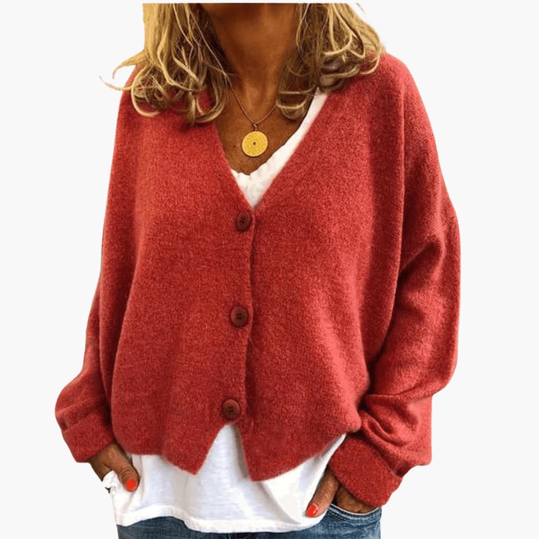 Fern™ V-Neck Button Cardigan in Rust, shown on a model
