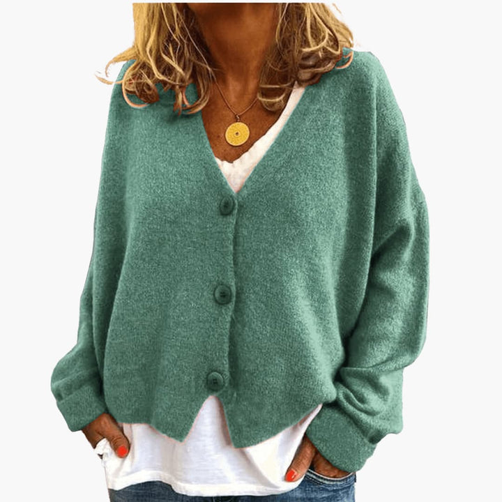 Fern™ V-Neck Button Cardigan in Sage, shown on a model