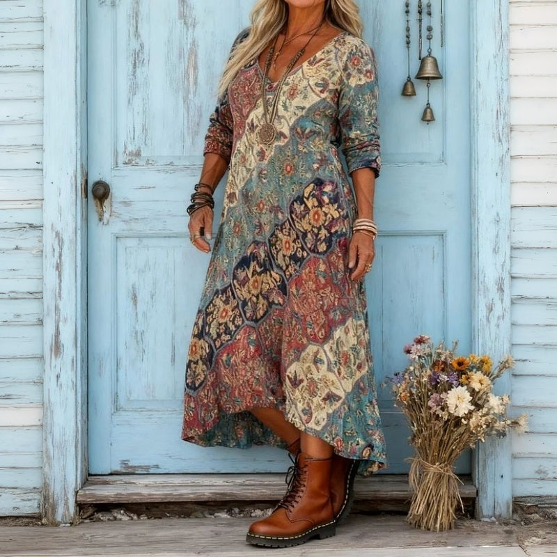 Gloria flowy printed maxi dress, full length showing the relaxed drape