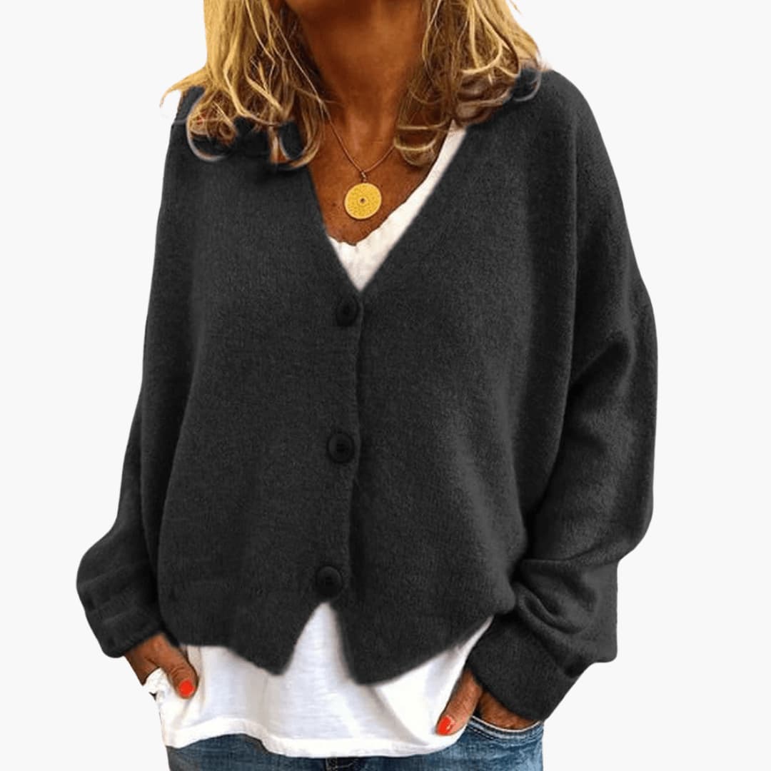 Fern™ V-Neck Button Cardigan in Black, shown on a model