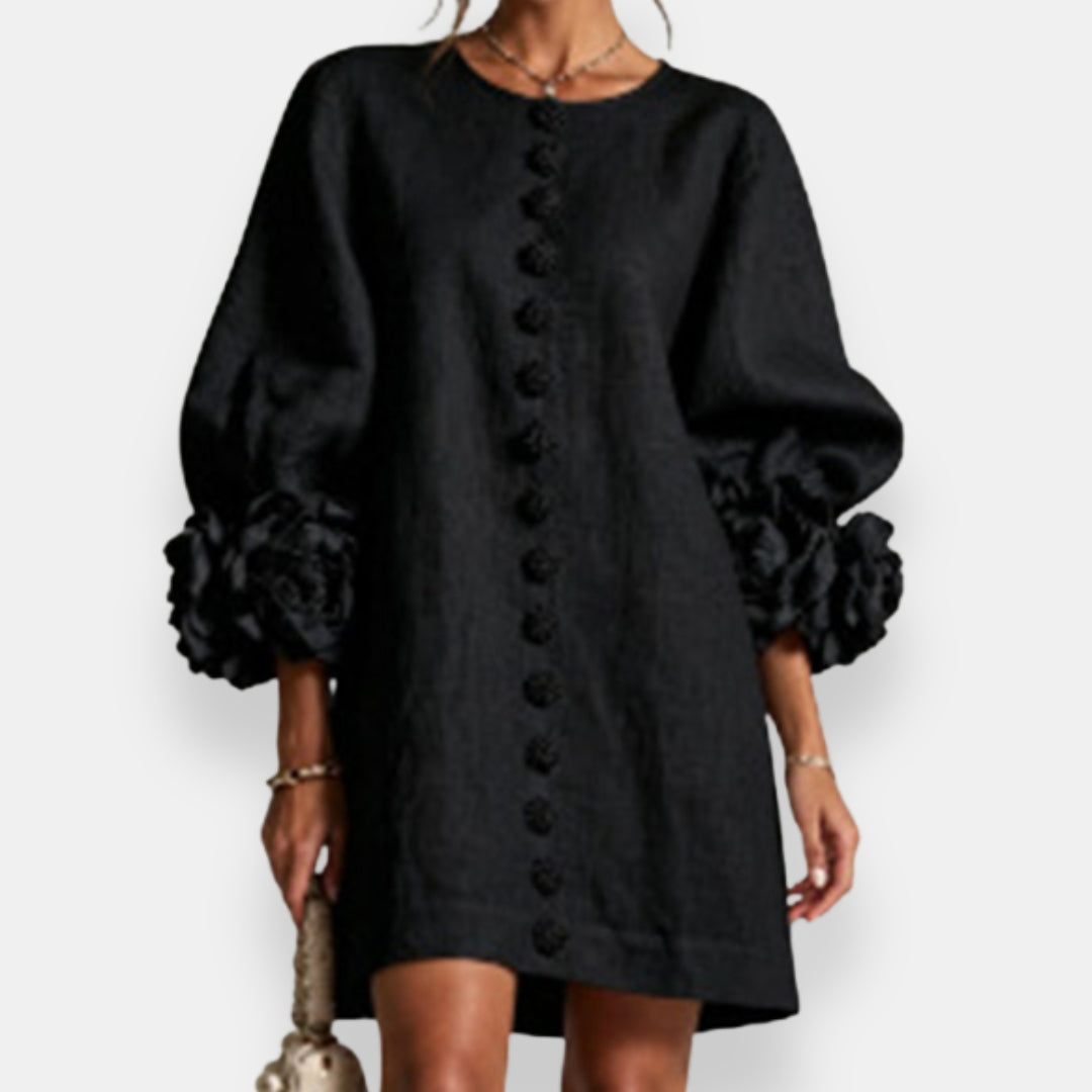 Darlene™ Floral Cuff Button Dress, in Black, full length