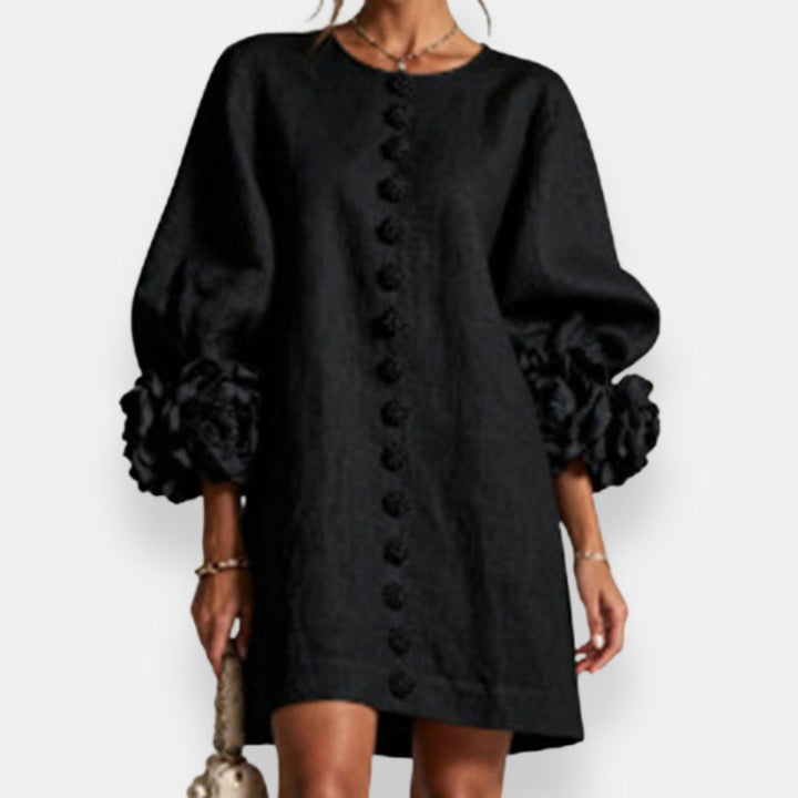 Darlene™ Floral Cuff Button Dress, in Black, full length