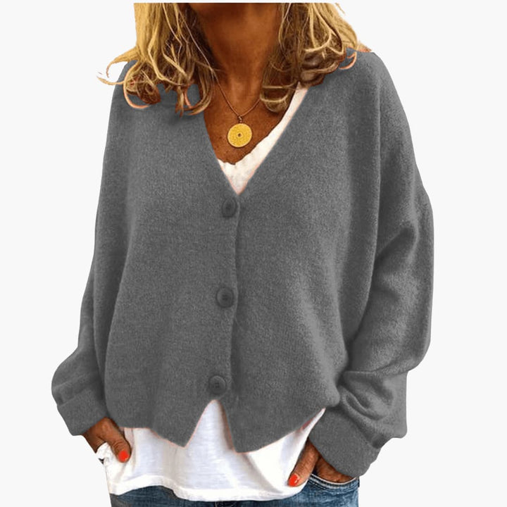 Fern™ V-Neck Button Cardigan in Grey, shown on a model