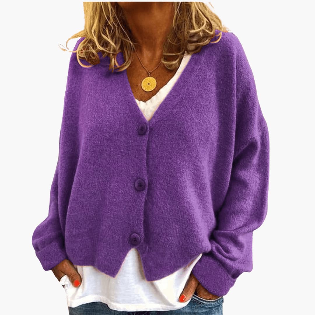 Fern™ V-Neck Button Cardigan in Purple, shown on a model