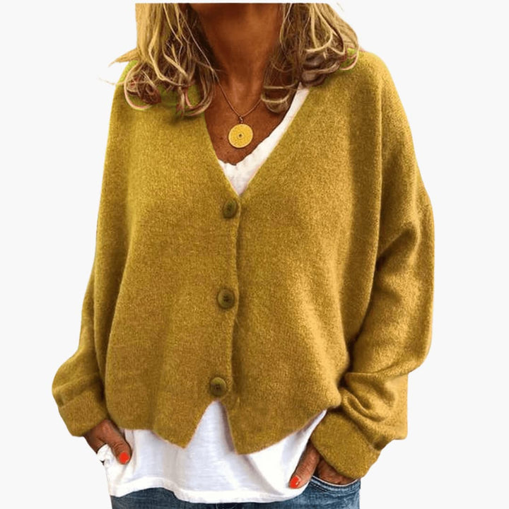 Fern™ V-Neck Button Cardigan in Mustard, shown on a model