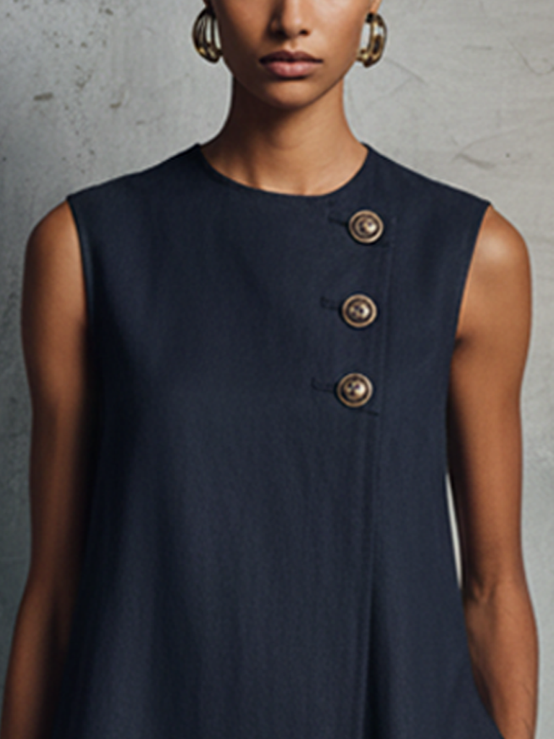 Lucille™ Asymmetric Button Shift Dress showing the round neckline and asymmetric buttons