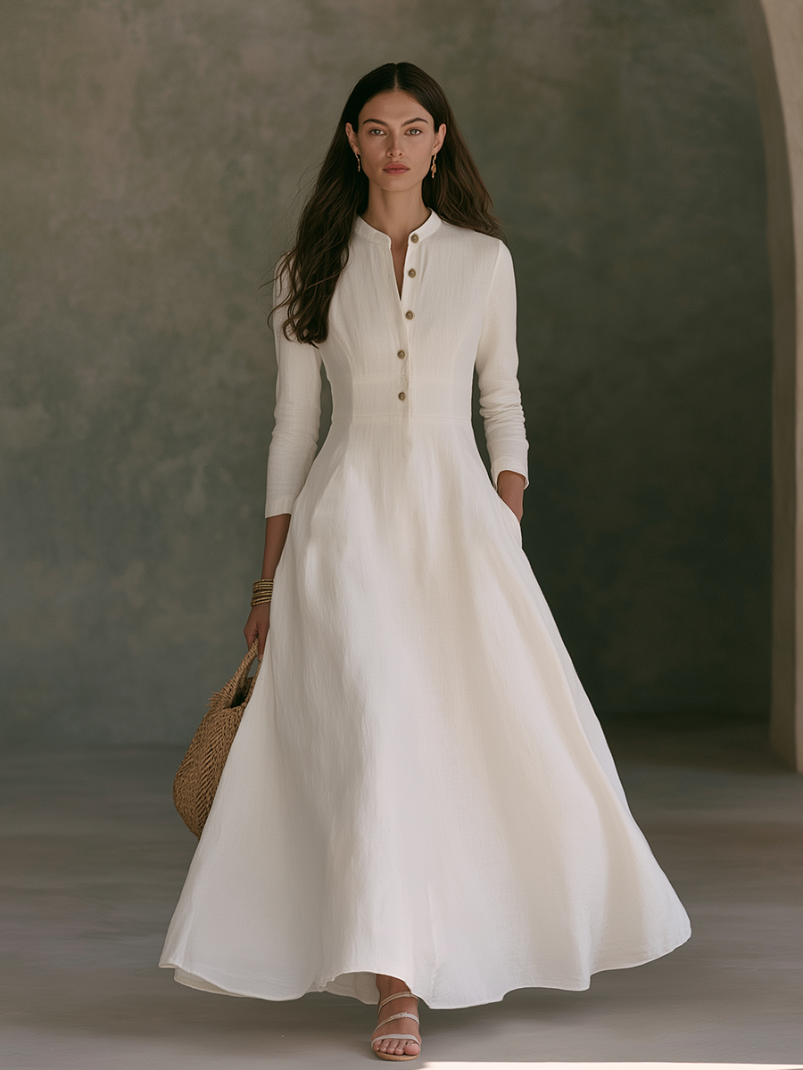 Thelma™ Linen Maxi Dress showing the mandarin collar and button placket