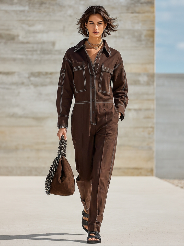 Muriel™ Straight-Leg Jumpsuit showing the shirt collar and zip front