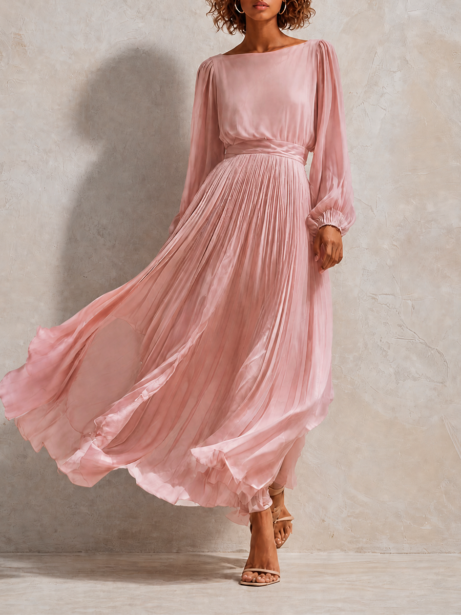 Adelaide™ Pleated Belted Midi Dress in blush pink, front view with tied waist