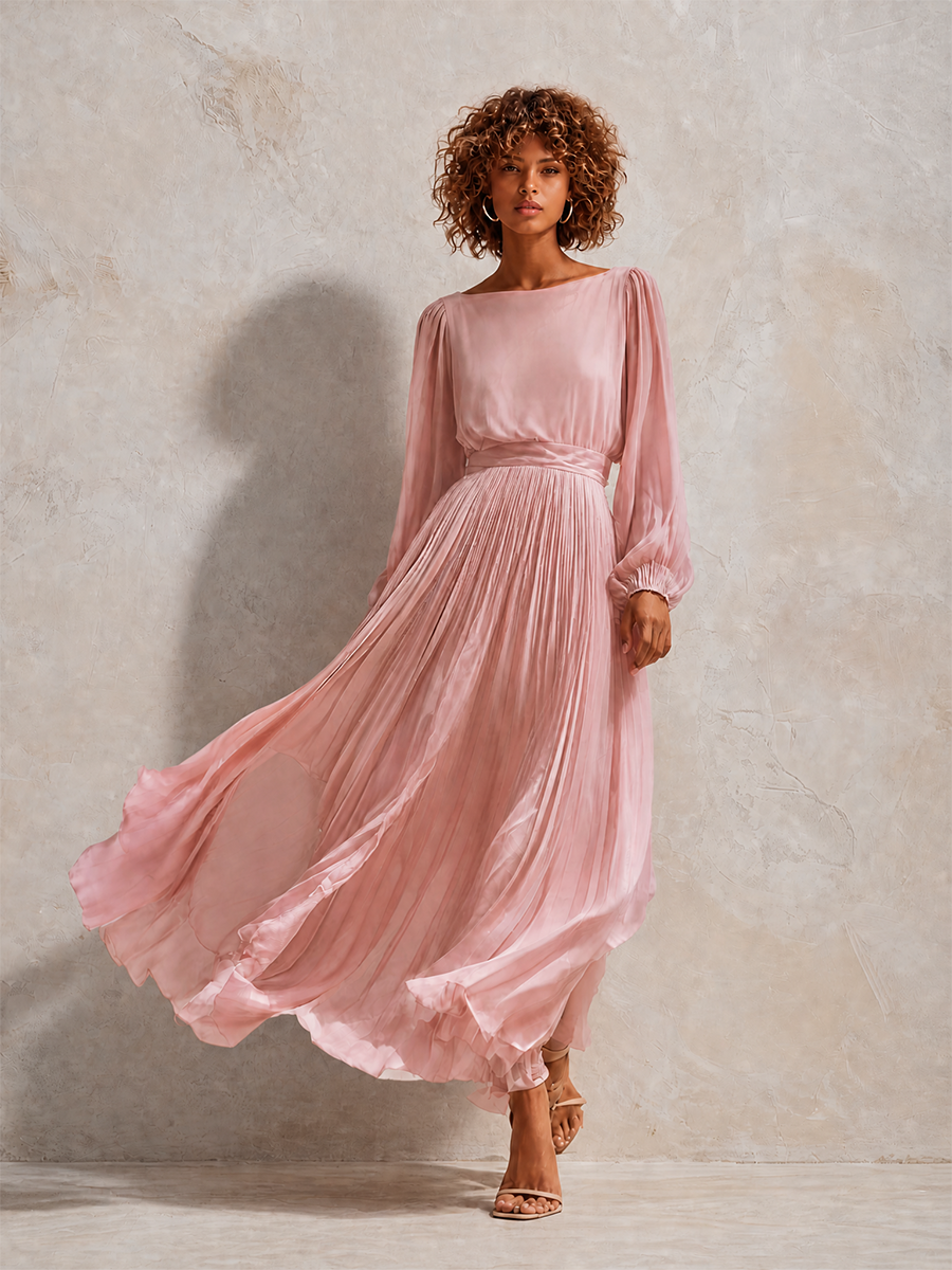 Adelaide™ Pleated Belted Midi Dress showing the blouson long sleeves and round neckline