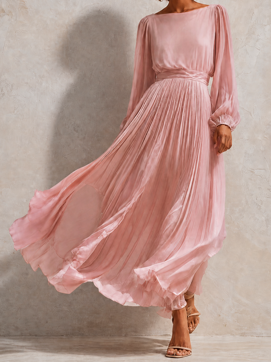 Adelaide™ Pleated Belted Midi Dress showing the fine pleated skirt falling to midi length