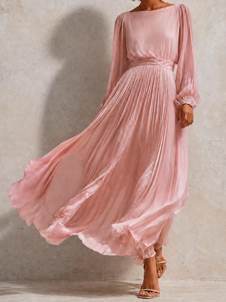 Adelaide™ Pleated Belted Midi Dress showing the fine pleated skirt falling to midi length