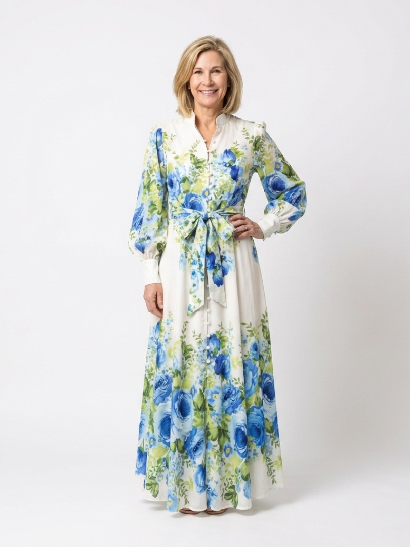 Veda™ Long Sleeve Button-Front Floral Maxi Dress, in Green, front view