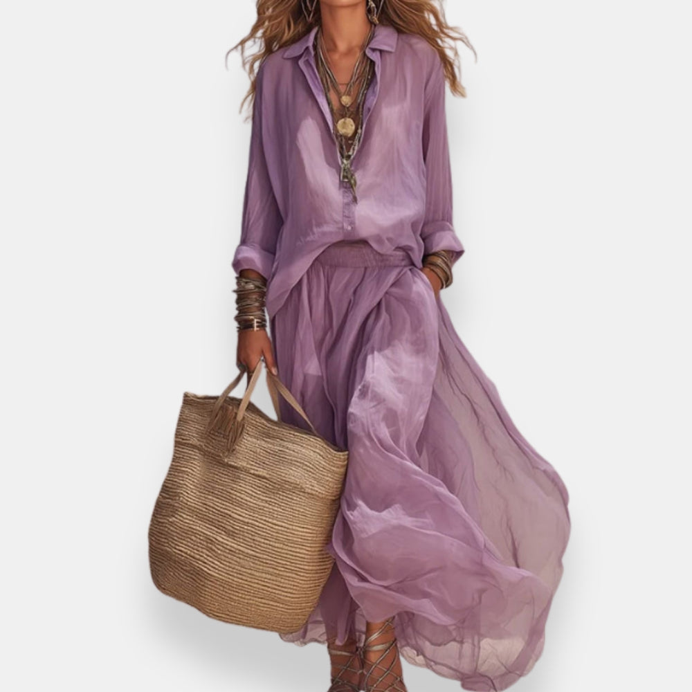 Clementine™ Blouse and Pleated Skirt Set in lilac, full outfit