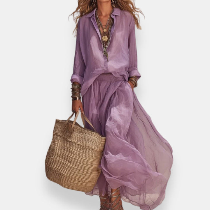 Clementine™ Blouse and Pleated Skirt Set in lilac, full outfit