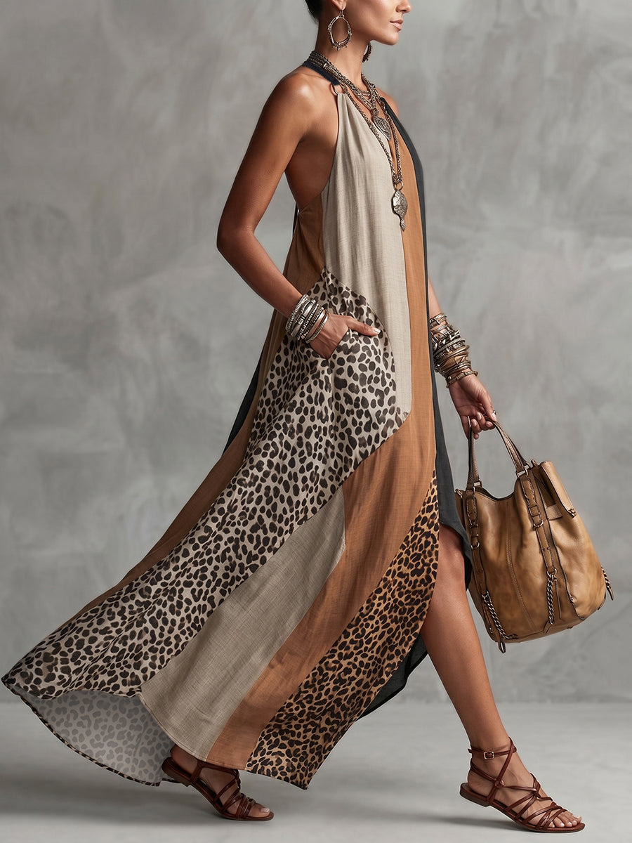 Myrna™ Leopard Halter Maxi Dress showing the halter neckline