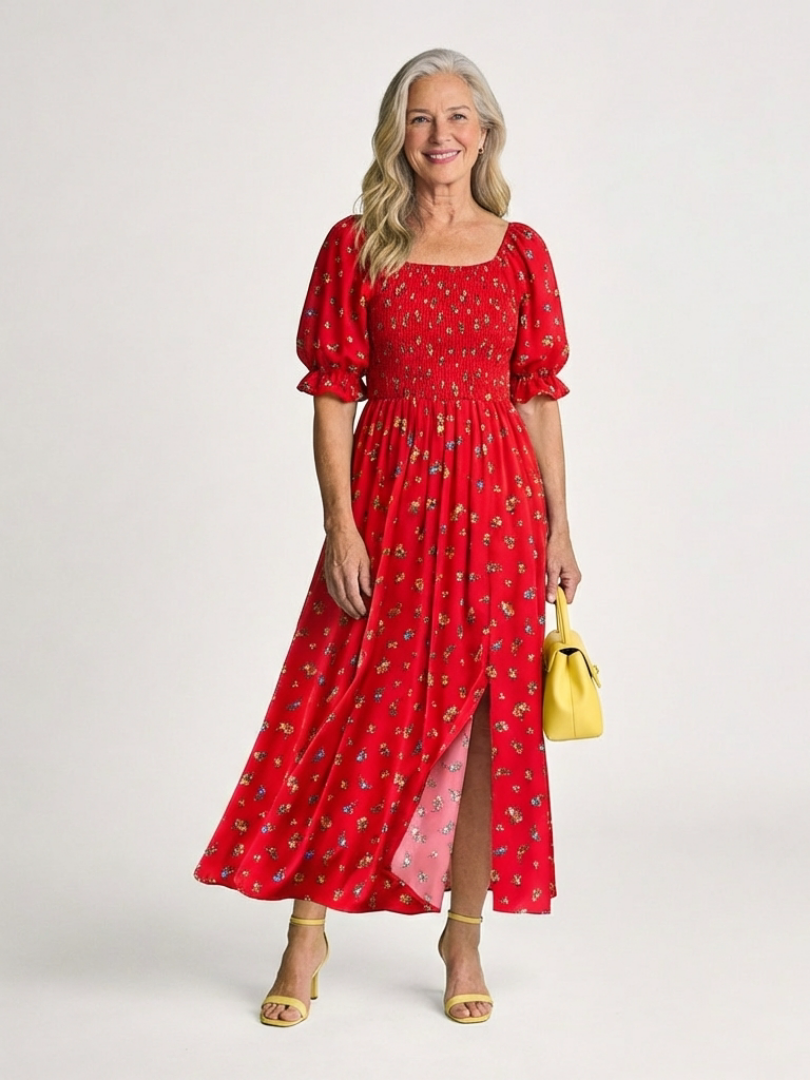Vesta™ Square Neck Floral Puff Sleeve Midi Dress, in Red, full length