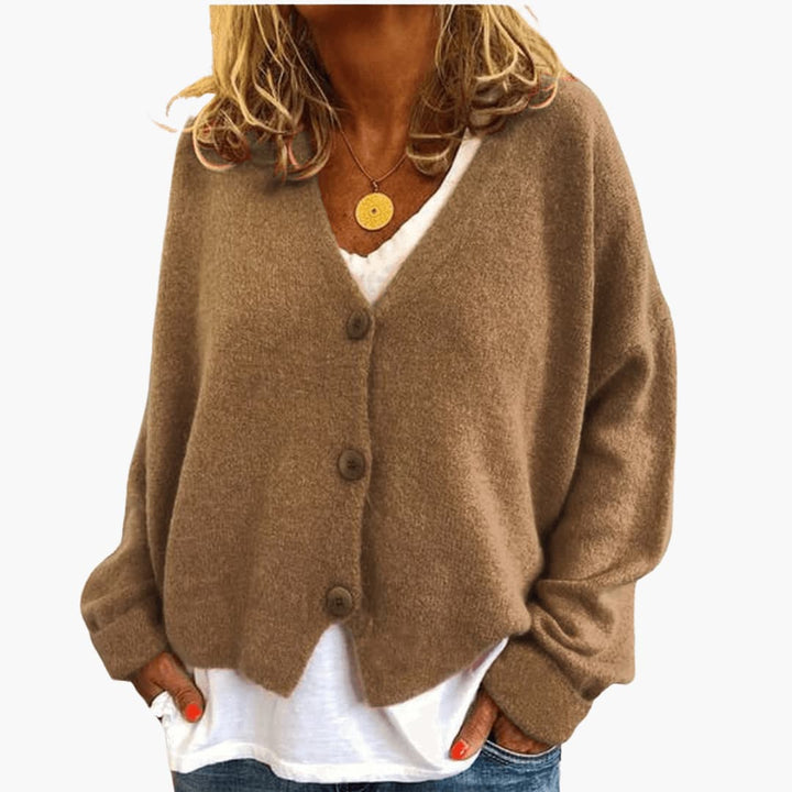 Fern™ V-Neck Button Cardigan in Khaki, shown on a model