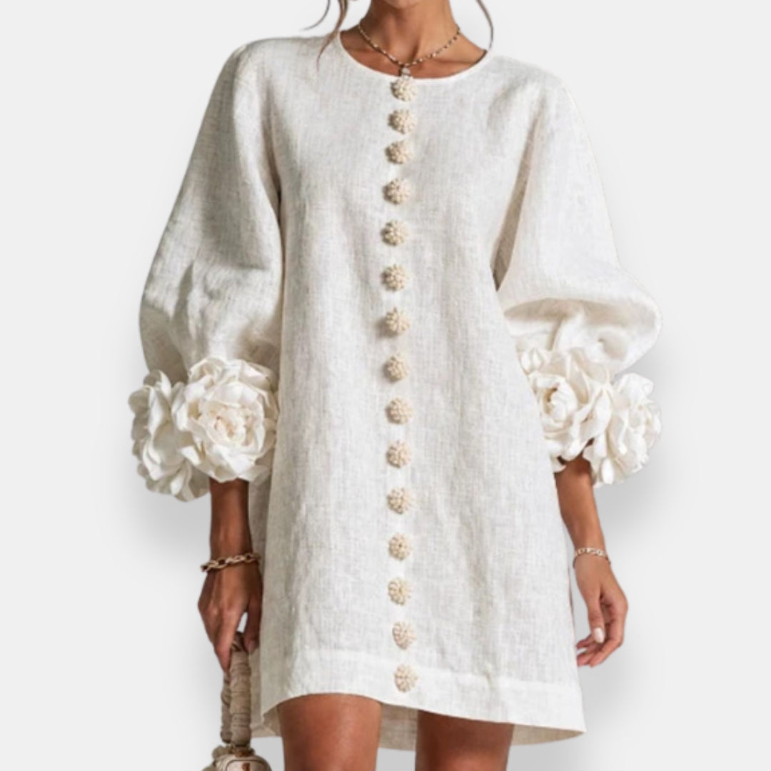 Darlene™ Floral Cuff Button Dress, in White, full length