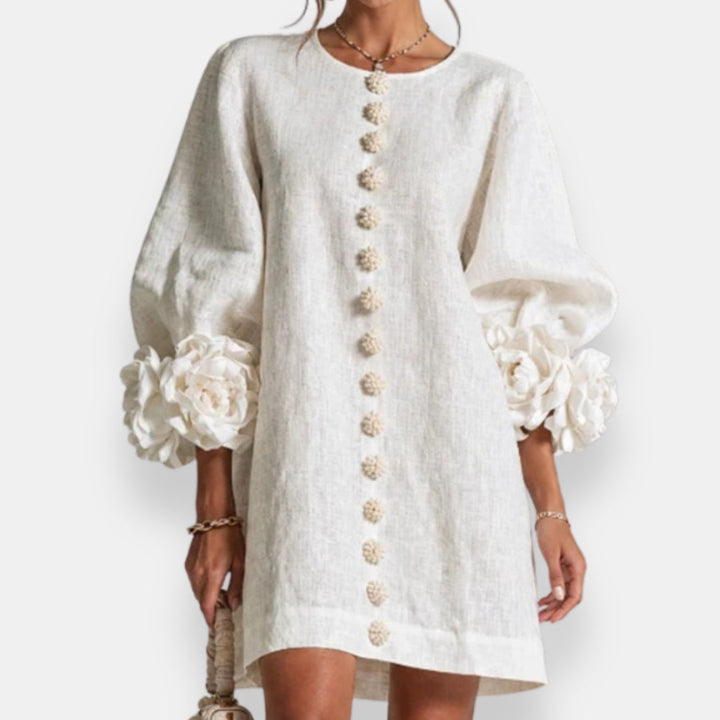 Darlene™ Floral Cuff Button Dress, in White, full length