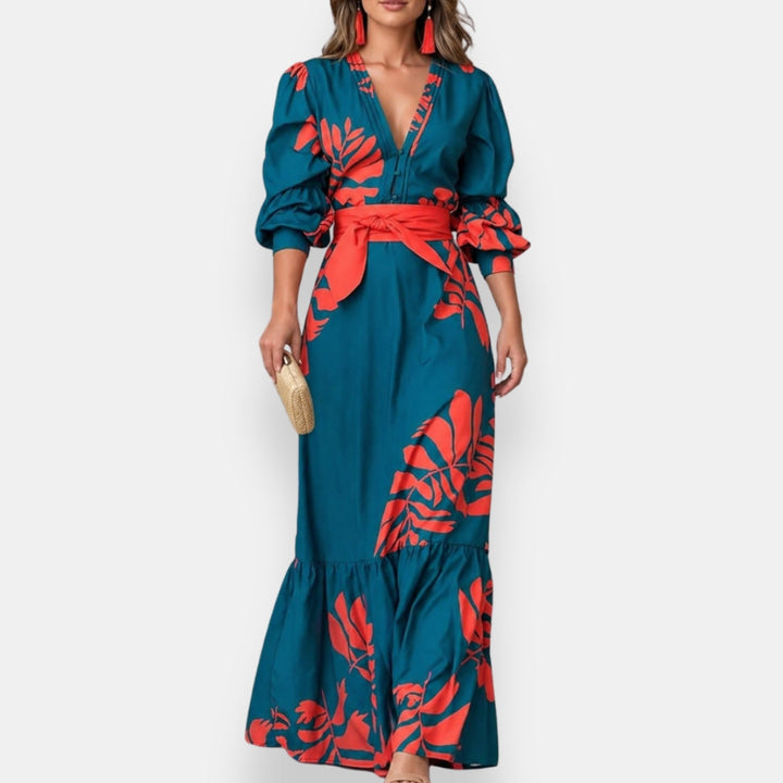 Nancy tropical floral maxi dress, front view