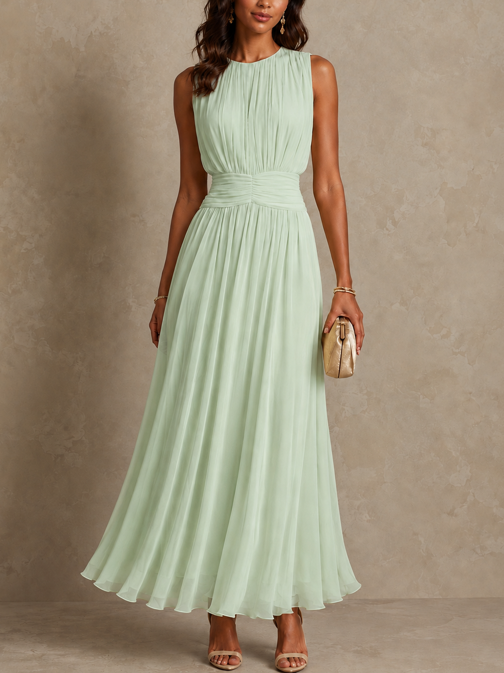 Roxanne™ Ruched Waist Sleeveless Maxi Dress in Green, full length
