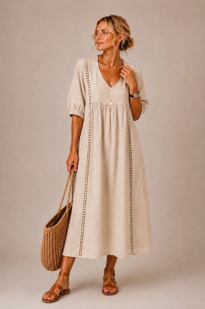 Arlene™ Lace Trim Puff Sleeve Maxi Dress in Beige, shown full length on a model
