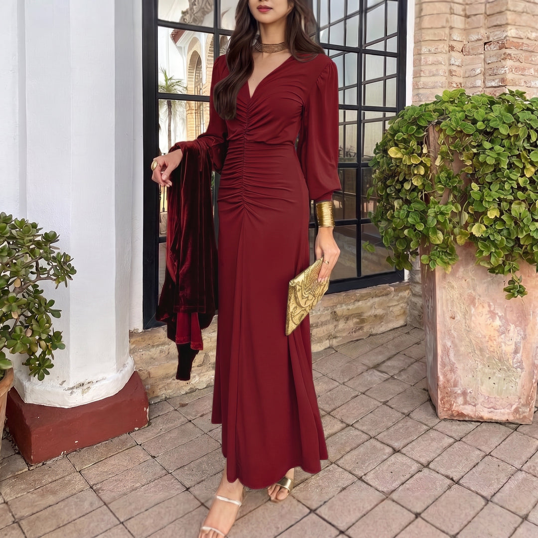 Karena midi dress in deep red, ruched V-neck with puff sleeves