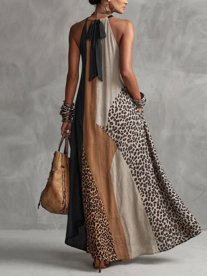Myrna™ Leopard Halter Maxi Dress showing the side slit