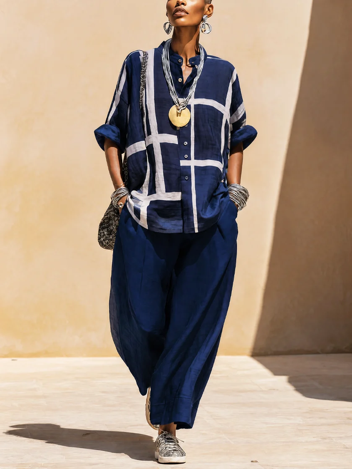 Genevieve™ Grid Print Two-Piece Set in navy, shirt and wide-leg trousers worn together