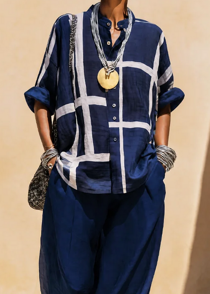 Genevieve™ Grid Print Two-Piece Set showing the wide-leg trousers and crinkled texture