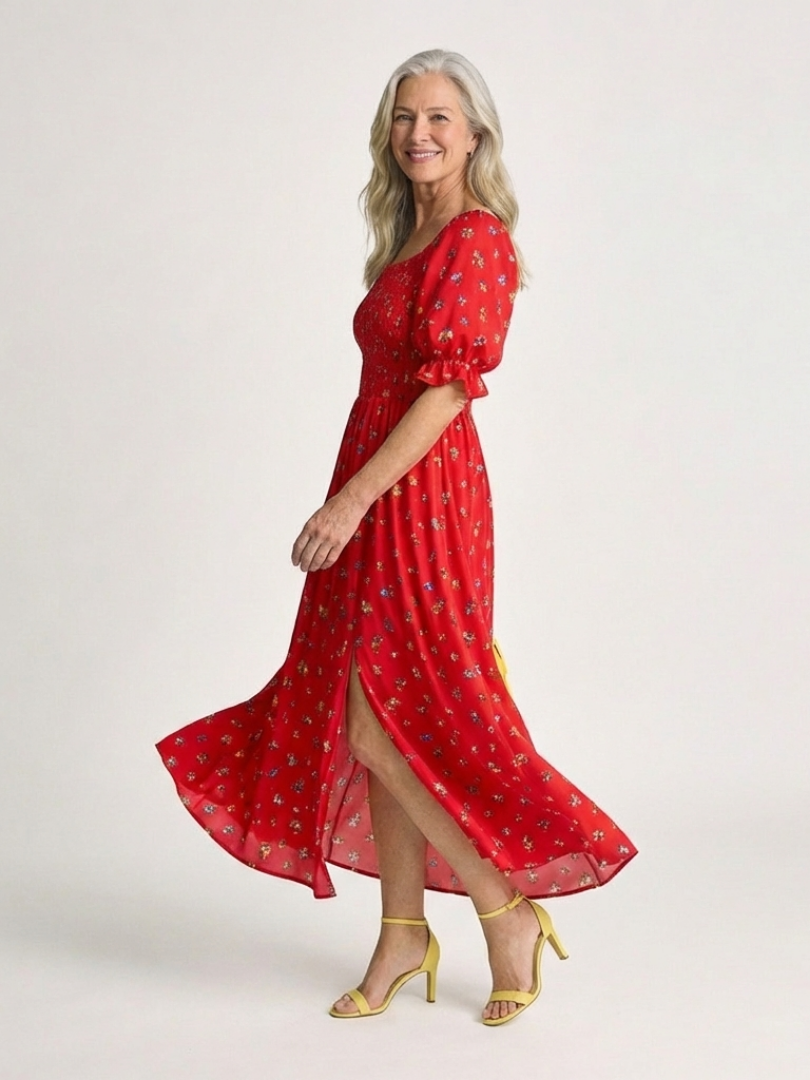 Vesta™ Square Neck Floral Puff Sleeve Midi Dress, neckline and sleeve detail