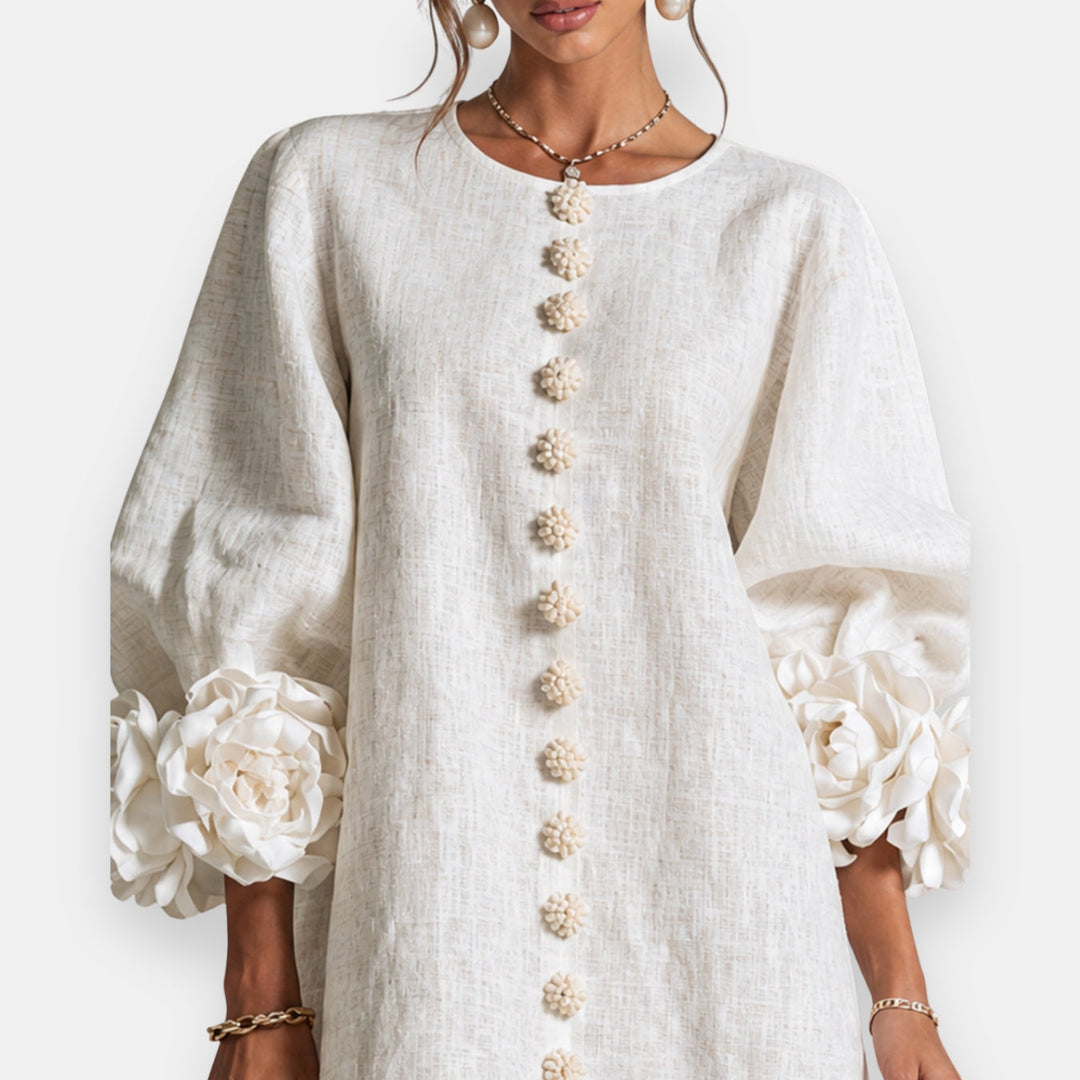 Darlene™ Floral Cuff Button Dress, button front and waist detail
