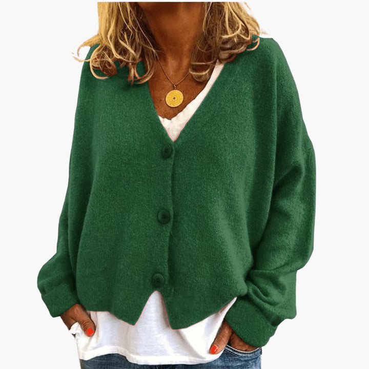 Fern™ V-Neck Button Cardigan in Dark Green, shown on a model