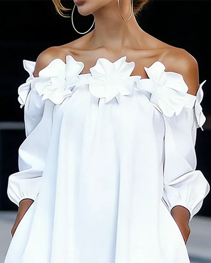 Rhoda™ Off-Shoulder Floral Appliqué Dress in white, showing the appliqué detail