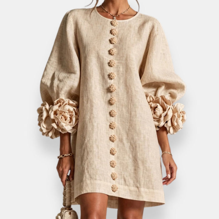 Darlene™ Floral Cuff Button Dress, in Apricot, full length