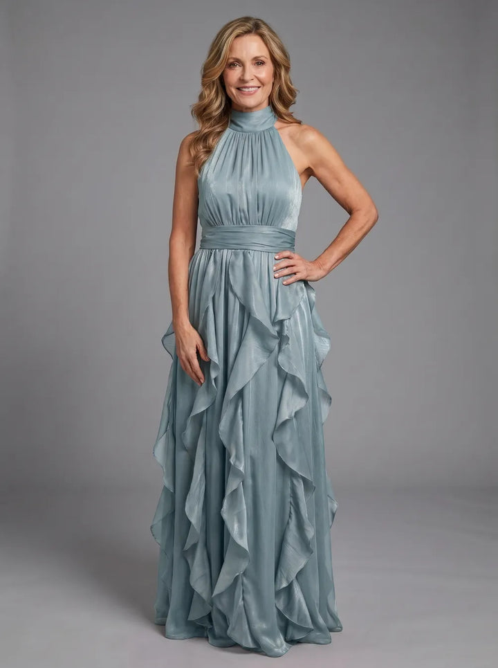 Orea™ High Neck Gathered Ruffle Layers Maxi Dress