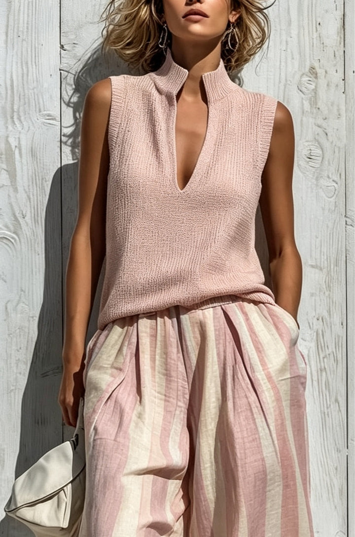 Trudy™ Notch Neck Striped Two-Piece Set in Pink, stand collar and notch opening