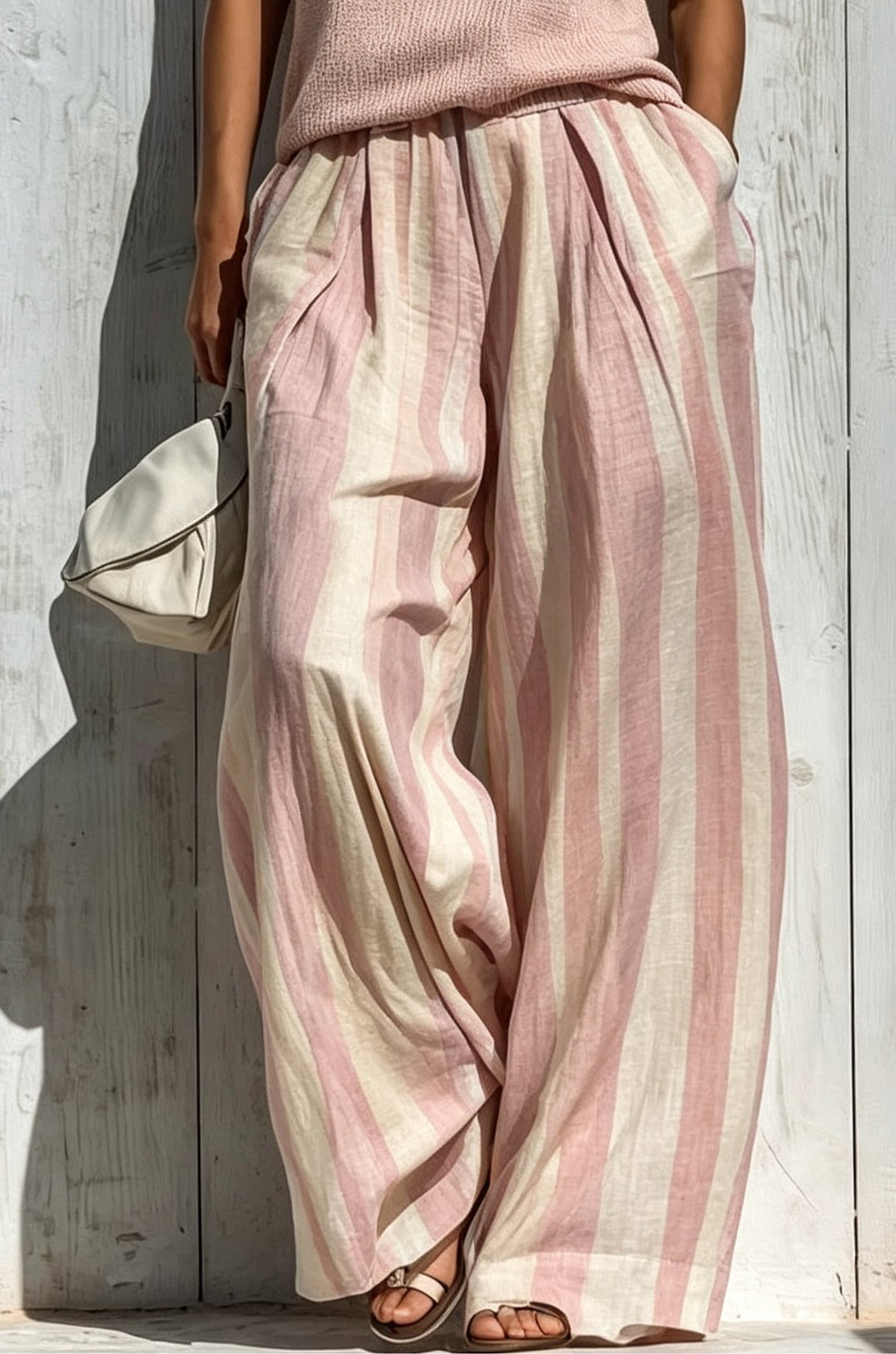 Trudy™ Notch Neck Striped Two-Piece Set in Pink, striped wide-leg trousers
