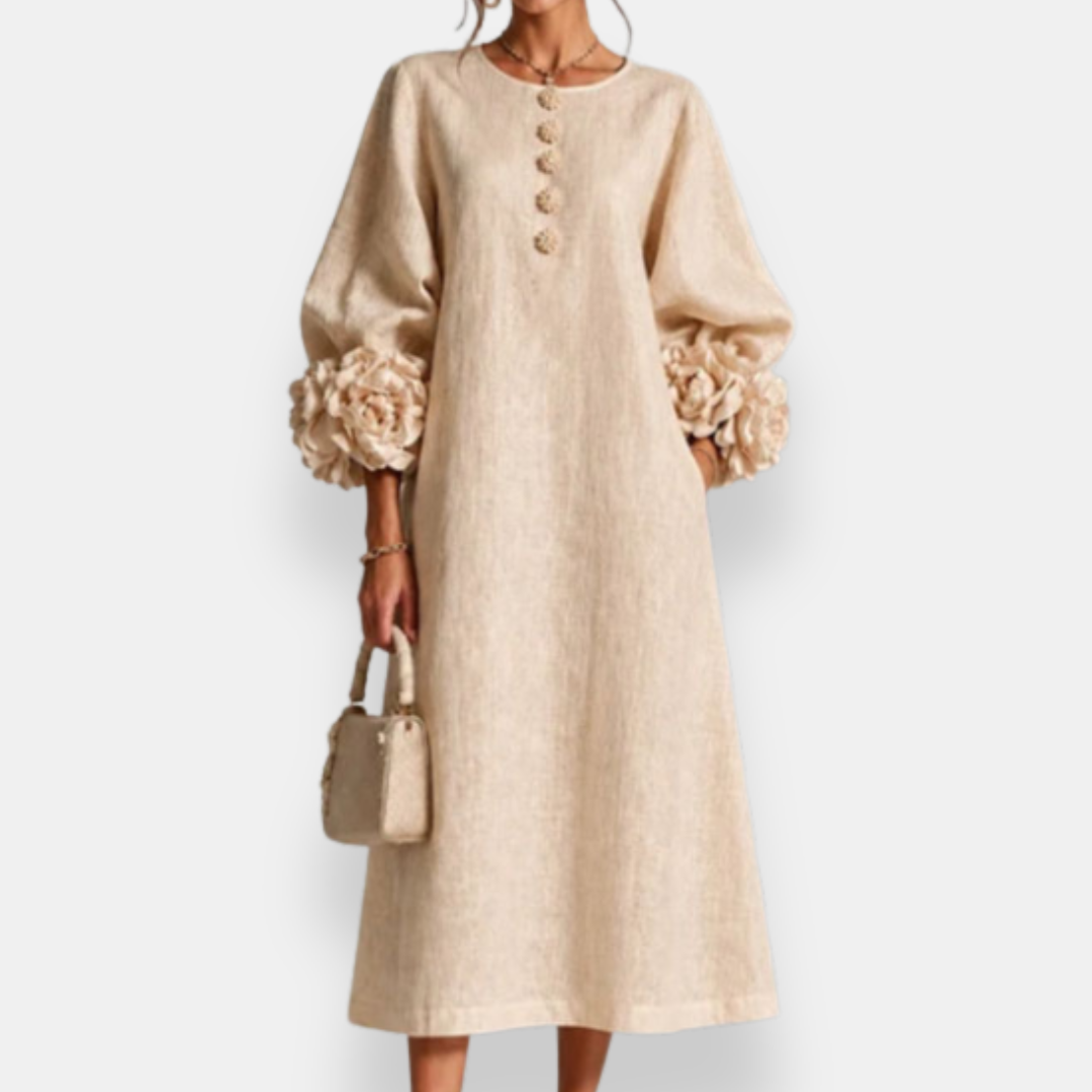 Hester™ Floral Appliqué Midi Dress, in Beige, full length