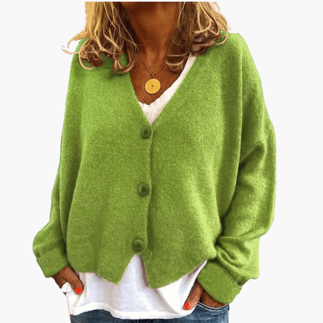 Fern™ V-Neck Button Cardigan in Lime, shown on a model