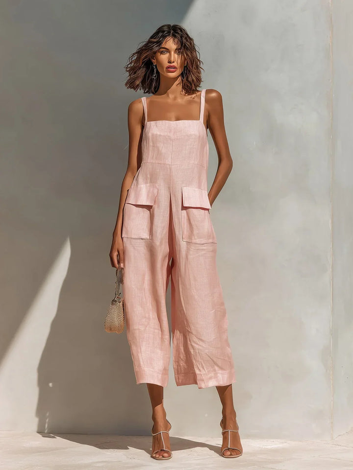 Isla™ Square Neck Wide Leg Jumpsuit, in Pink, full length