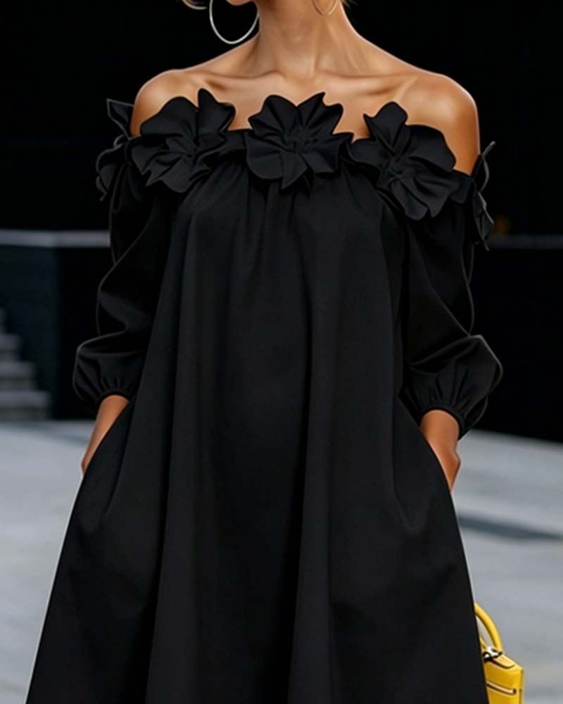 Rhoda™ Off-Shoulder Floral Appliqué Dress in black, showing the gathered sleeves