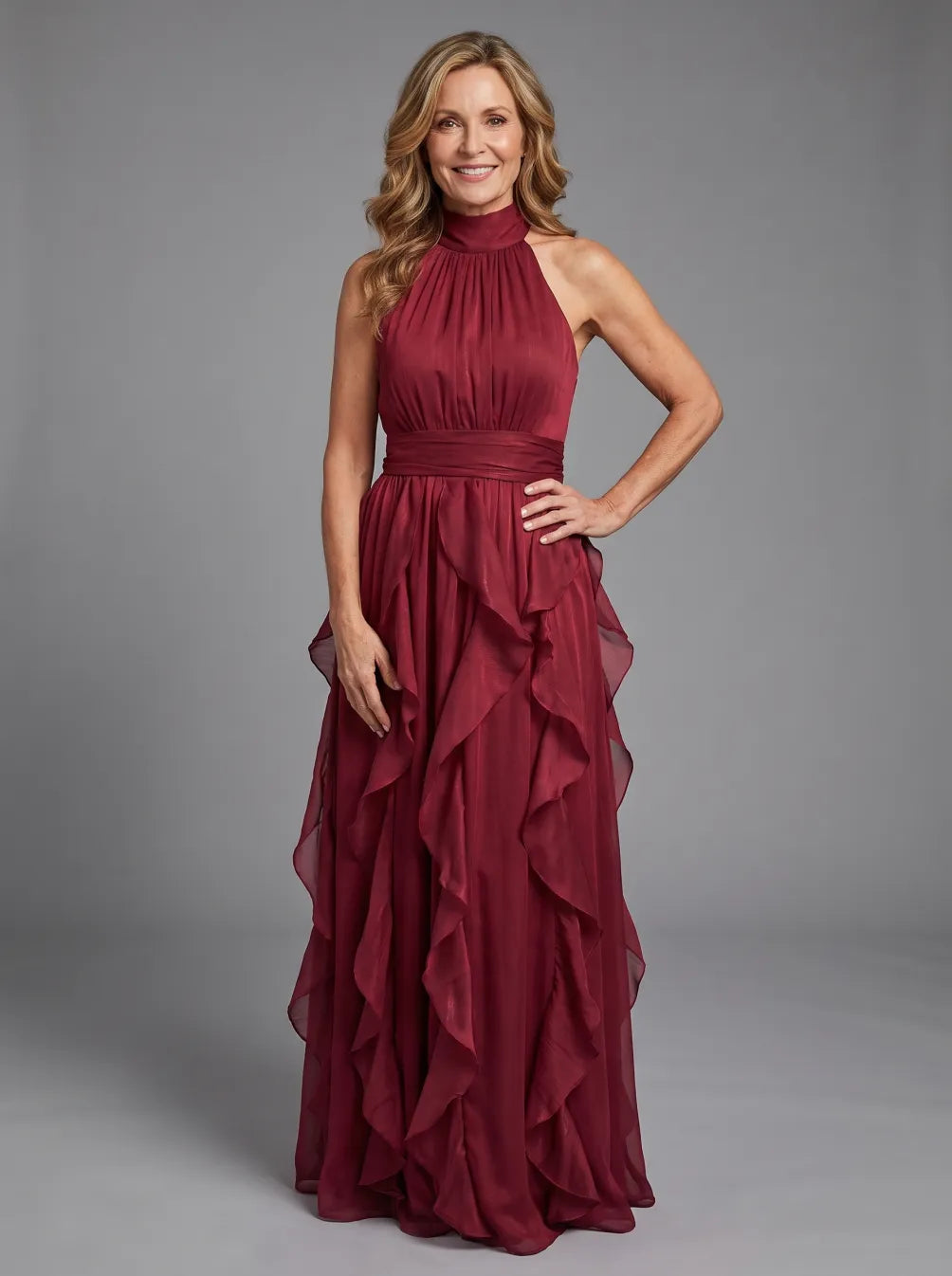Orea™ High Neck Gathered Ruffle Layers Maxi Dress